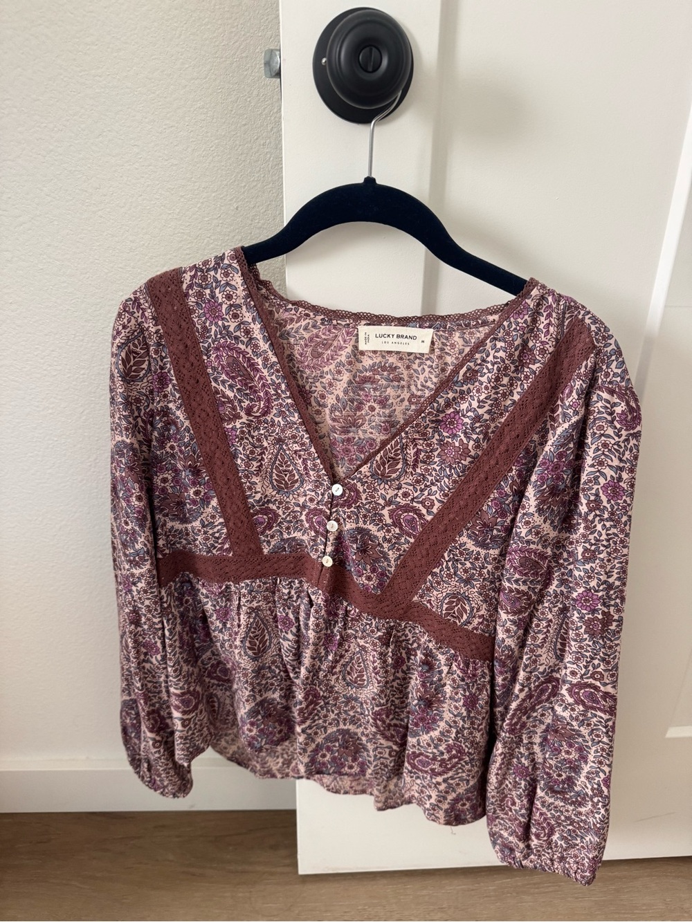 Lucky Brand Purple Paisley V-Neck Peasant Blouse
